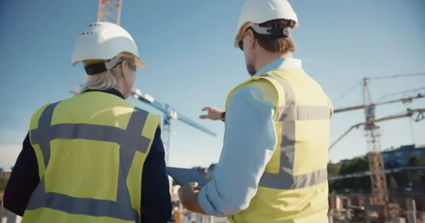 Two construction workers in safety gear and hard hats discussing a project on a construction site with cranes in the background.